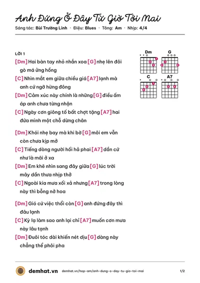 Hợp âm Anh Đứng Ở Đây Từ Giờ Tới Mai (Bùi Trường Linh) – bản nhạc PDF trang 1, tông Am