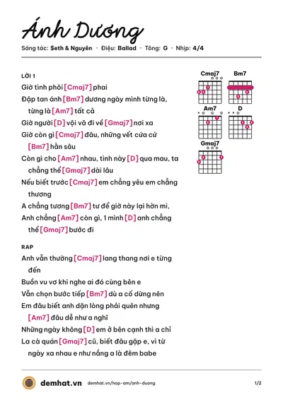 Hợp âm Ánh Dương (Nguyên) – bản nhạc PDF trang 1, tông G