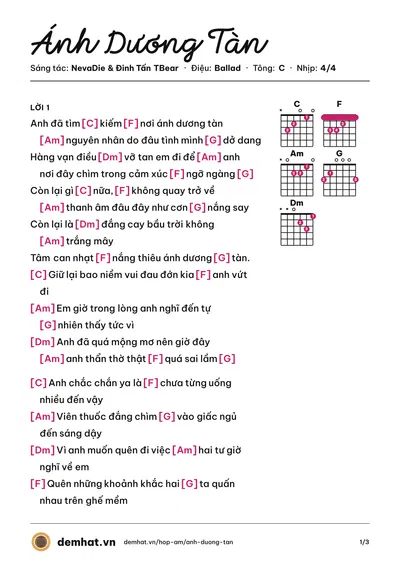 Hợp âm Ánh Dương Tàn (NevaDie) – bản nhạc PDF trang 1, tông C