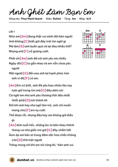 Hợp âm Anh Ghét Làm Bạn Em (Phan Mạnh Quỳnh) – bản nhạc PDF trang 1, tông Am