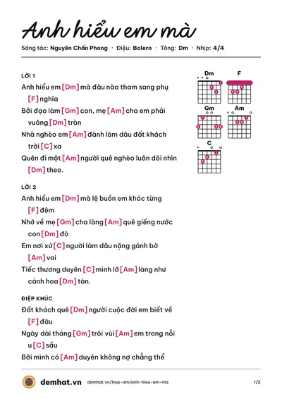 Hợp âm Anh hiểu em mà (Nguyên Chấn Phong) – bản nhạc PDF trang 1, tông Dm