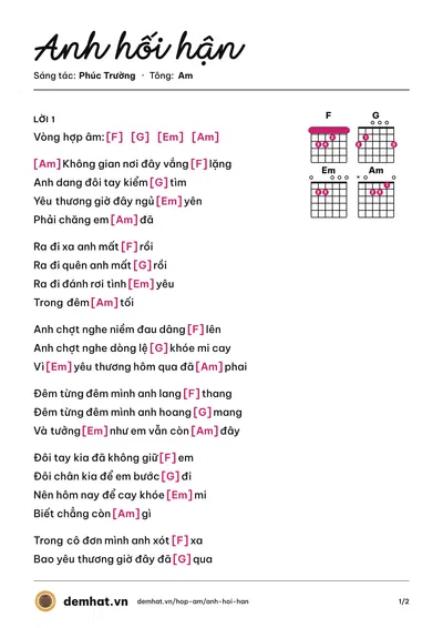 Hợp âm Anh hối hận (Khánh Phương) – bản nhạc PDF trang 1, tông Am