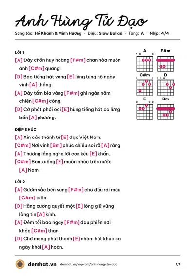 Hợp âm Anh Hùng Tử Đạo (Hợp Xướng) – bản nhạc PDF trang 1, tông A