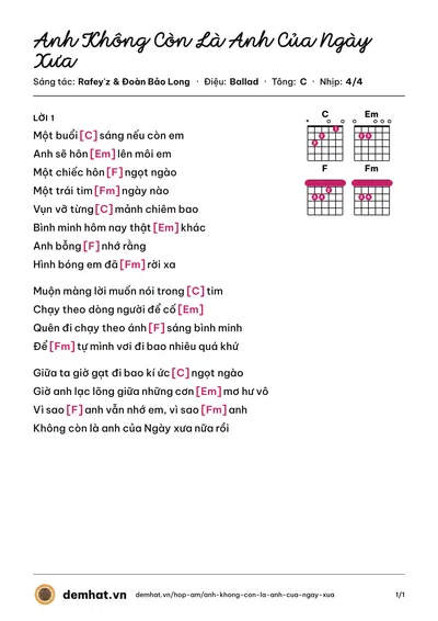 Hợp âm Anh Không Còn Là Anh Của Ngày Xưa (Đoàn Bảo Long) – bản nhạc PDF trang 1, tông C