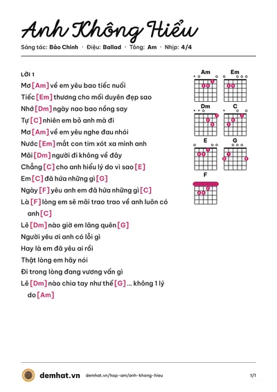 Hợp âm Anh Không Hiểu (Quang Hà) – bản nhạc PDF trang 1, tông Am