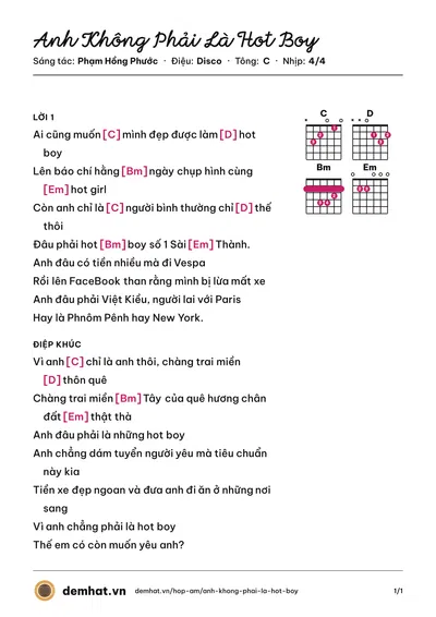 Hợp âm Anh Không Phải Là Hot Boy (Phạm Hồng Phước) – bản nhạc PDF trang 1, tông C