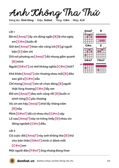 Hợp âm Anh Không Tha Thứ (Đình Dũng) – bản nhạc PDF trang 1, tông C#m