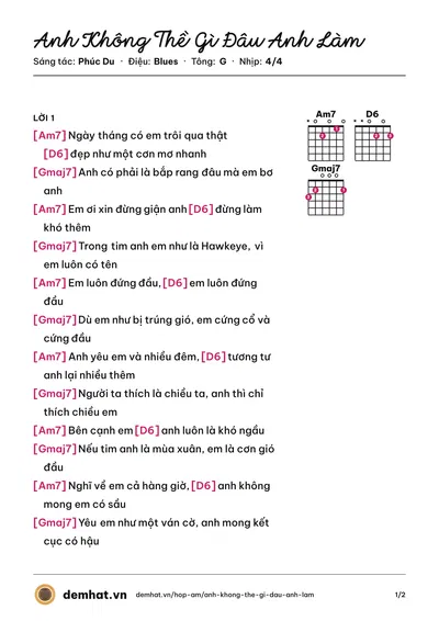 Hợp âm Anh Không Thề Gì Đâu Anh Làm (Phúc Du) – bản nhạc PDF trang 1, tông G