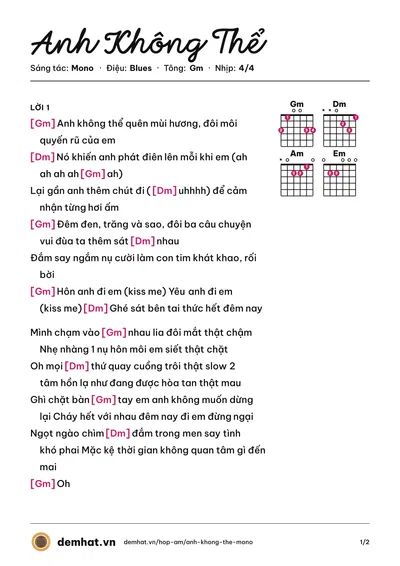 Hợp âm Anh Không Thể (Mono) – bản nhạc PDF trang 1, tông Gm