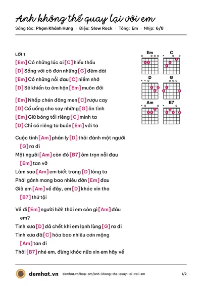 Hợp âm Anh không thể quay lại với em (Khánh Hưng) – bản nhạc PDF trang 1, tông Em