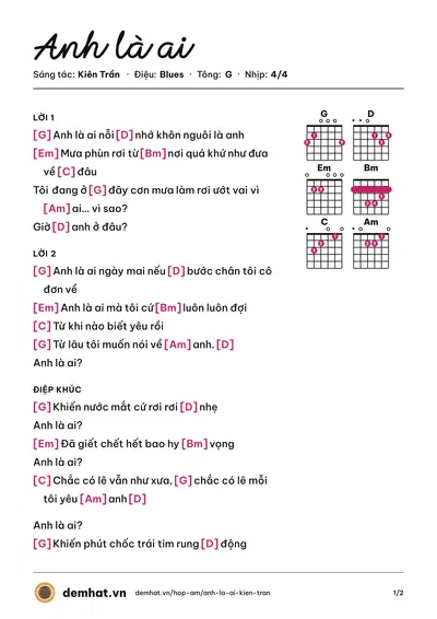 Hợp âm Anh là ai (Kiên Trần) – bản nhạc PDF trang 1, tông G