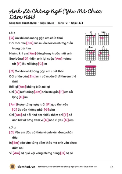Hợp âm Anh Là Chàng Ngố (Yêu Mà Chưa Dám Nói) (Thanh Hưng) – bản nhạc PDF trang 1, tông C