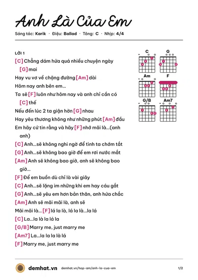 Hợp âm Anh Là Của Em (Karik) – bản nhạc PDF trang 1, tông C