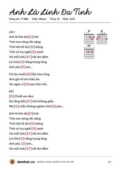 Hợp âm Anh Là Lính Đa Tình (Trish Thùy Trang) – bản nhạc PDF trang 1, tông D