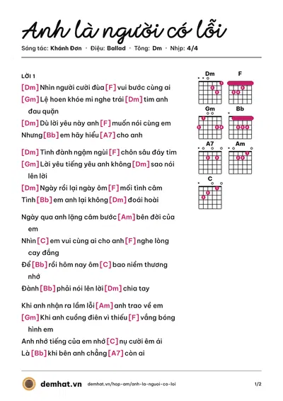 Hợp âm Anh là người có lỗi (Đoàn Vệt Phương) – bản nhạc PDF trang 1, tông Dm