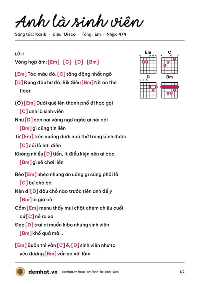 Hợp âm Anh là sinh viên (Karik) – bản nhạc PDF trang 1, tông Em