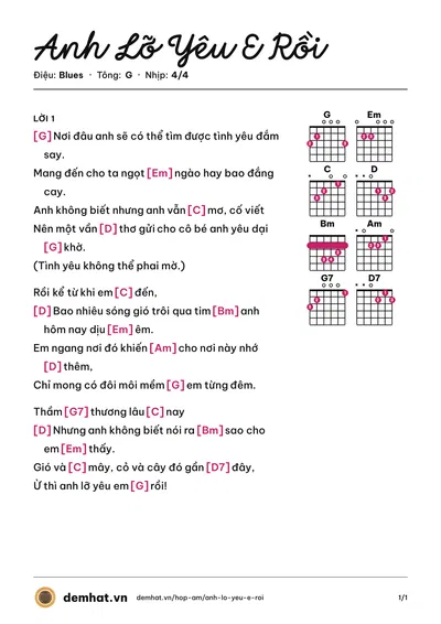 Hợp âm Anh Lỡ Yêu E Rồi (Nguyên Jenda) – bản nhạc PDF trang 1, tông G