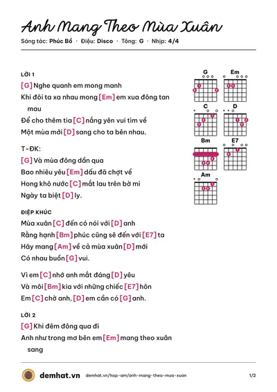 Hợp âm Anh Mang Theo Mùa Xuân (Văn Mai Hương) – bản nhạc PDF trang 1, tông G