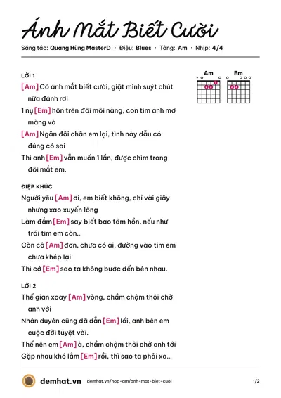 Hợp âm Ánh Mắt Biết Cười (Quang Hùng MasterD) – bản nhạc PDF trang 1, tông Am