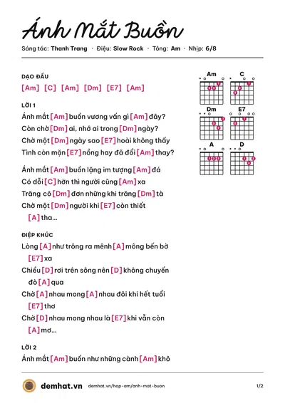 Hợp âm Ánh Mắt Buồn (Tâm Hảo) – bản nhạc PDF trang 1, tông Am