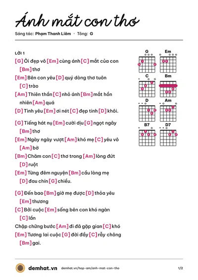 Hợp âm Ánh mắt con thơ (Vân Khánh) – bản nhạc PDF trang 1, tông G