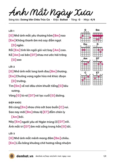 Hợp âm Ánh Mắt Ngày Xưa (Kana Ngọc Thúy) – bản nhạc PDF trang 1, tông G