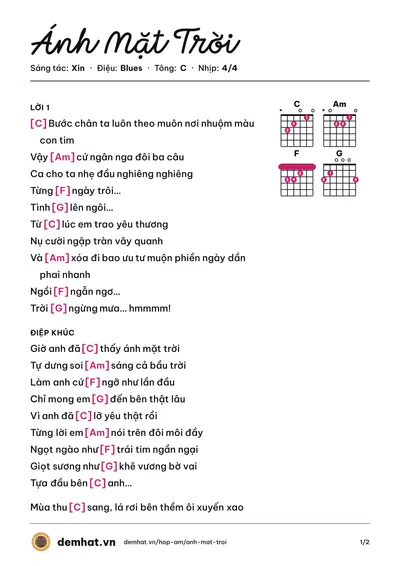 Hợp âm Ánh Mặt Trời (Xin) – bản nhạc PDF trang 1, tông C