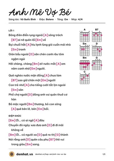 Hợp âm Anh Mê Vợ Bé (Hoàng Như Thủy) – bản nhạc PDF trang 1, tông Em