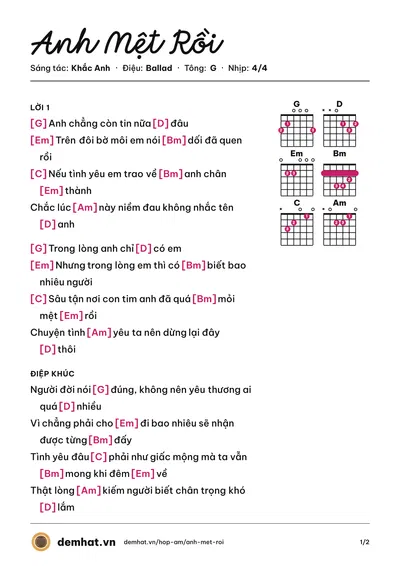 Hợp âm Anh Mệt Rồi (Anh Quân) – bản nhạc PDF trang 1, tông G