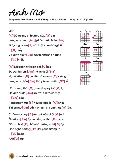 Hợp âm Anh Mơ (Anh Khang) – bản nhạc PDF trang 1, tông C