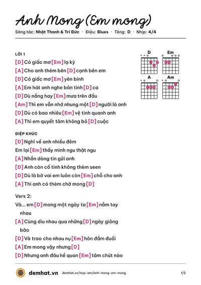 Hợp âm Anh Mong (Em mong) (Nhật Thanh) – bản nhạc PDF trang 1, tông D