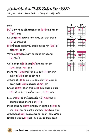 Hợp âm Anh Muốn Biết Điều Em Biết (J Gun) – bản nhạc PDF trang 1, tông C