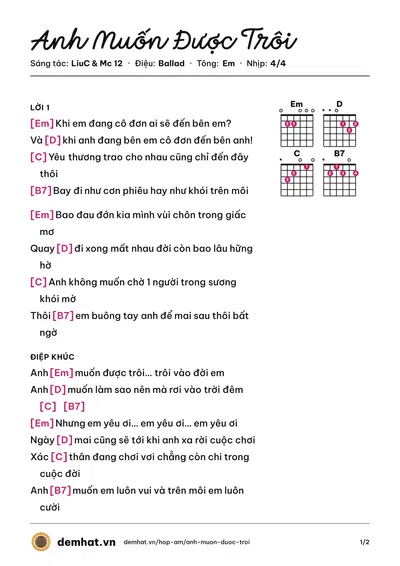 Hợp âm Anh Muốn Được Trôi (Mc 12) – bản nhạc PDF trang 1, tông Em