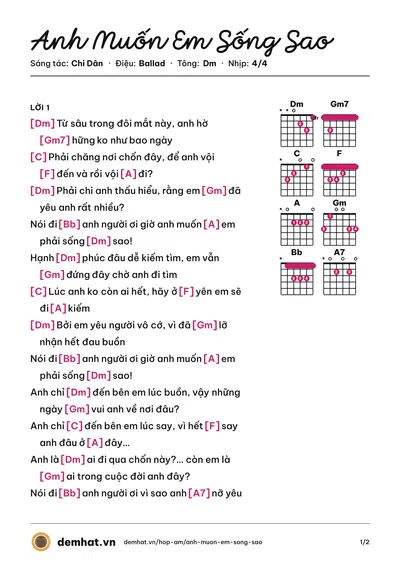 Hợp âm Anh Muốn Em Sống Sao (Bảo Anh) – bản nhạc PDF trang 1, tông Dm