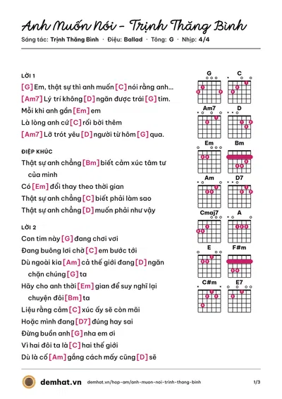 Hợp âm Anh Muốn Nói - Trịnh Thăng Bình (Trịnh Thăng Bình) – bản nhạc PDF trang 1, tông G