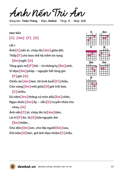 Hợp âm Ánh Nến Tri Ân (Đăng Lưu) – bản nhạc PDF trang 1, tông C