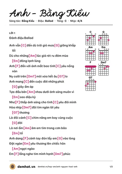 Hợp âm Anh - Bằng Kiều (Anh Vũ) – bản nhạc PDF trang 1, tông C