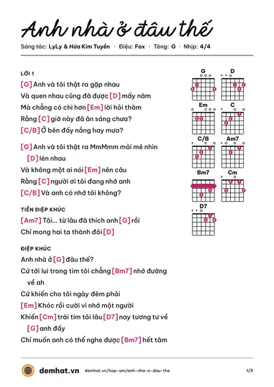 Hợp âm Anh nhà ở đâu thế (AMEE) – bản nhạc PDF trang 1, tông G