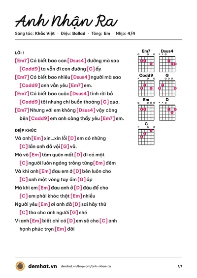 Hợp âm Anh Nhận Ra (Khắc Việt) – bản nhạc PDF trang 1, tông Em