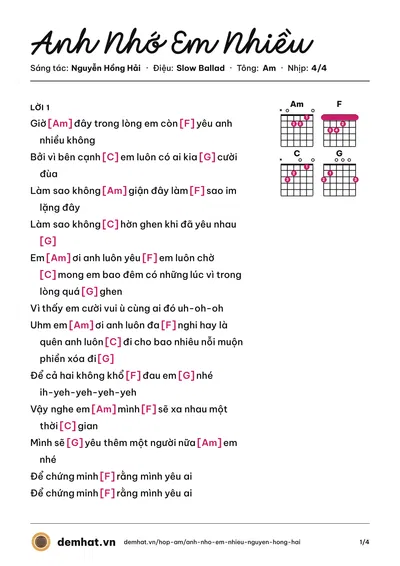 Hợp âm Anh Nhớ Em Nhiều (Ưng Đại Vệ) – bản nhạc PDF trang 1, tông Am