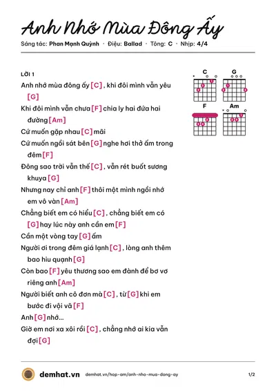Hợp âm Anh Nhớ Mùa Đông Ấy (The Men) – bản nhạc PDF trang 1, tông C