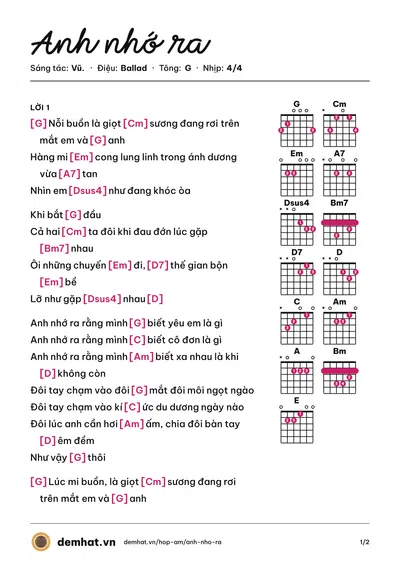 Hợp âm Anh nhớ ra (Vũ.) – bản nhạc PDF trang 1, tông G