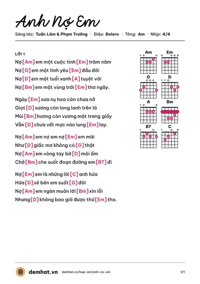 Hợp âm Anh Nợ Em (Phạm Trưởng) – bản nhạc PDF trang 1, tông Am