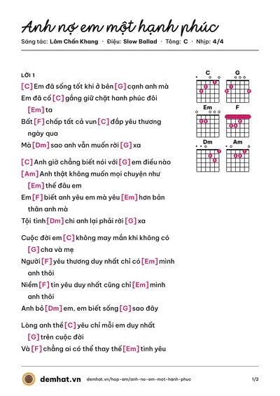 Hợp âm Anh nợ em một hạnh phúc (Kim Jun See) – bản nhạc PDF trang 1, tông C