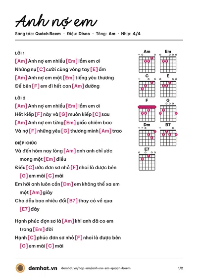 Hợp âm Anh nợ em (Quách Beem) – bản nhạc PDF trang 1, tông Am
