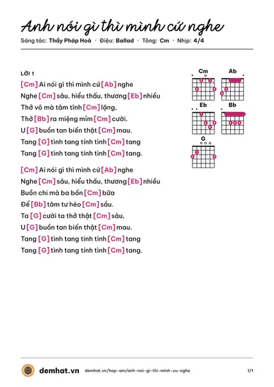 Hợp âm Anh nói gì thì mình cứ nghe (Thầy Pháp Hoà) – bản nhạc PDF trang 1, tông Cm