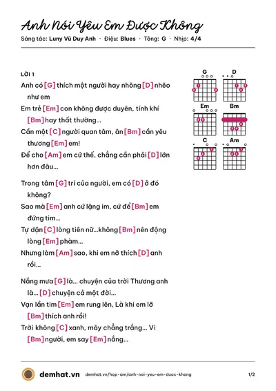 Hợp âm Anh Nói Yêu Em Được Không (Minz Mặt Đất) – bản nhạc PDF trang 1, tông G