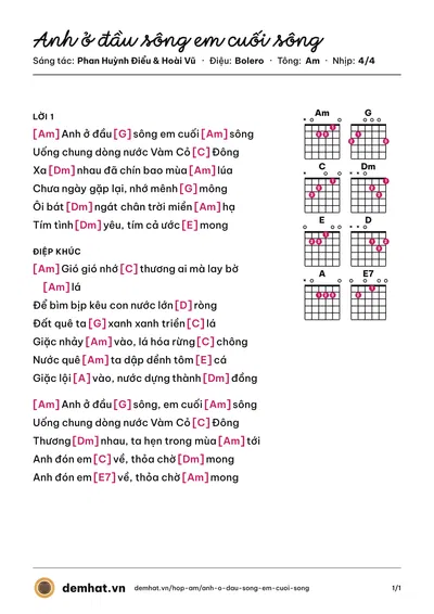 Hợp âm Anh ở đầu sông em cuối sông (Anh Thơ) – bản nhạc PDF trang 1, tông Am