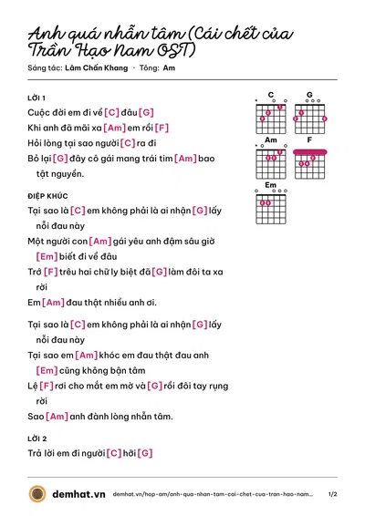Hợp âm Anh quá nhẫn tâm (Cái chết của Trần Hạo Nam OST) (Kim Jun See) – bản nhạc PDF trang 1, tông Am