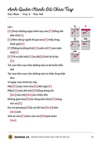 Hợp âm Anh Quên Mình Đã Chia Tay (Khắc Việt) – bản nhạc PDF trang 1, tông C